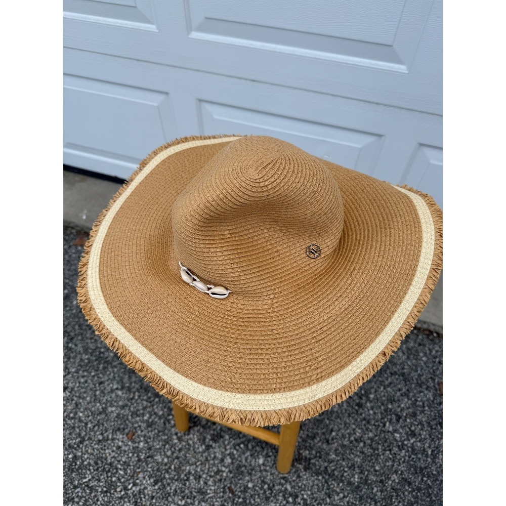 Adrienne Vittadini Straw Sun Hat Tan Wide Brim Cowrie Shell Frayed Edge NEW